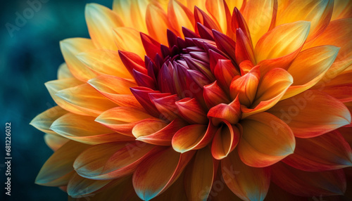 Close up of a vibrant, multi colored dahlia flower head in nature generated by AI © Stockgiu