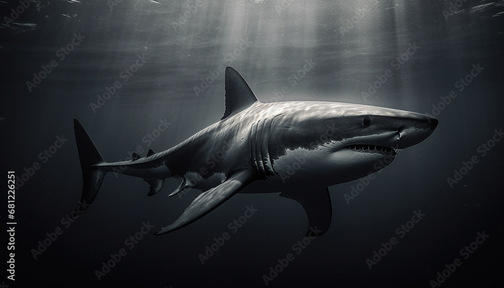 Fototapeta premium Majestic fish swimming in dark, spooky underwater motion generated by AI