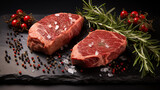 Raw beef steak with rosemary, salt and pepper on black background