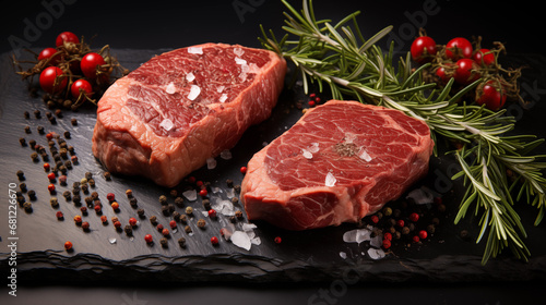 Raw beef steak with rosemary, salt and pepper on black background