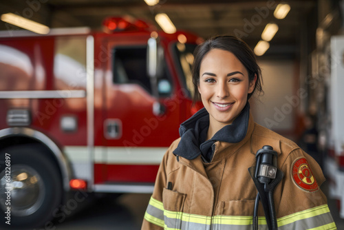 Portrait of a confident Hispanic female firefighter standing in front of the fire truck in her uniform ready to take action