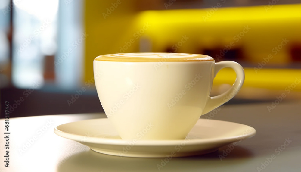 Freshly brewed coffee in a frothy cappuccino cup on wood table generated by AI Freshly brewed coffee in a frothy cappuccino cup on wood table generated by AI