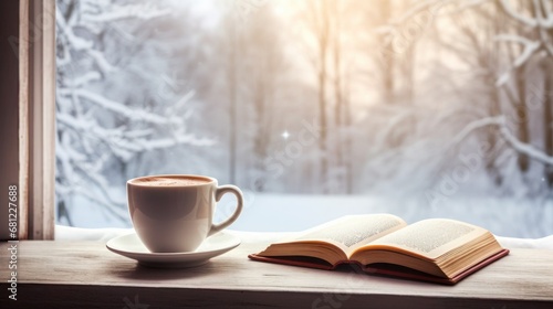 Cozy cup of coffee latte and book on wooden windowsill with beautiful view of snowy forest. Copy space