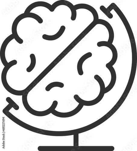 Brain research, linear icon. The brain instead of the globe. Line with editable stroke