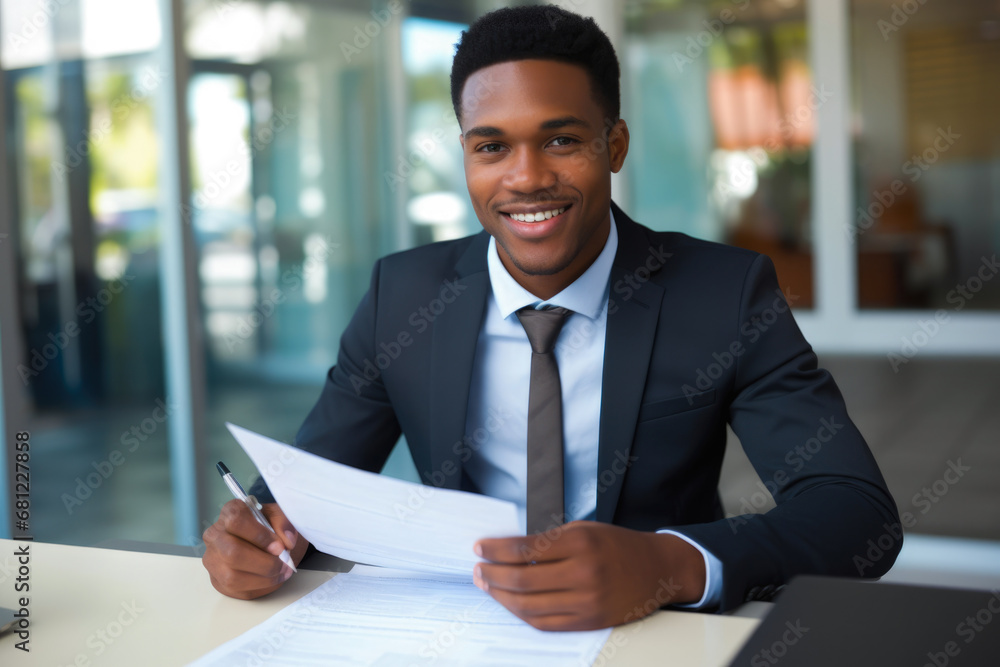 Fototapeta premium African American male filling out a job or loan application, job openings, career resources, or financial services
