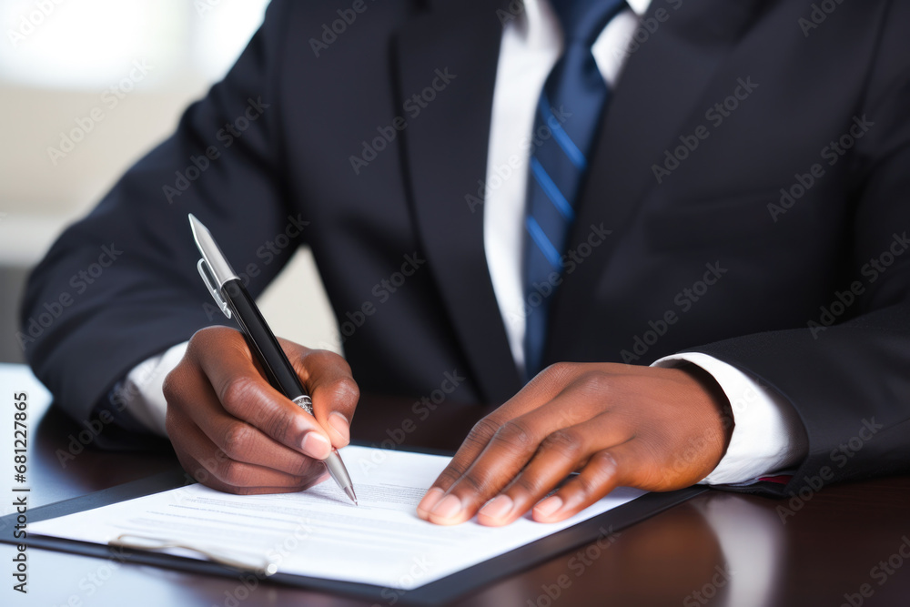 Closeup of an African American male filling out a job or loan application, job openings, career resources, or financial services Closeup of an African American male filling out a job or loan application, job openings, career resources, or financial services