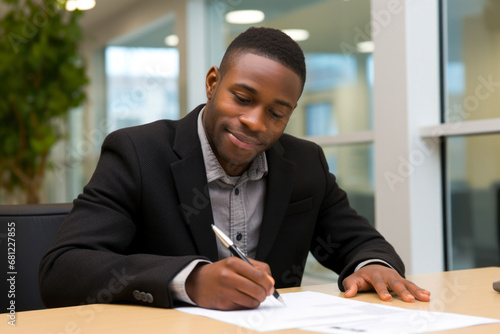 African American male filling out a job or loan application, job openings, career resources, or financial services