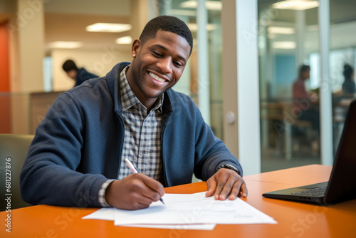 African American male filling out a job or loan application, job openings, career resources, or financial services photo