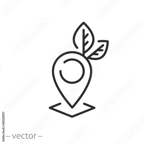 farming pin icon, green area location, thin line symbol on white background - editable stroke vector illustration eps10