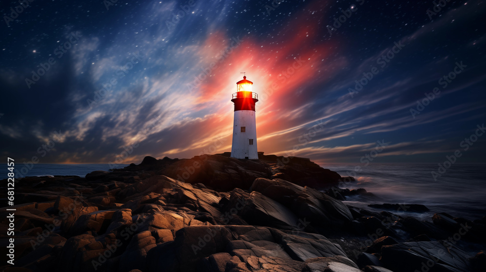 Night Brilliance: An image capturing the brilliance of a lighthouse's light piercing through the darkness of the night, creating a powerful and visually striking nocturnal scene