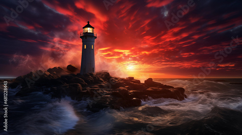 Night Brilliance: An image capturing the brilliance of a lighthouse's light piercing through the darkness of the night, creating a powerful and visually striking nocturnal scene