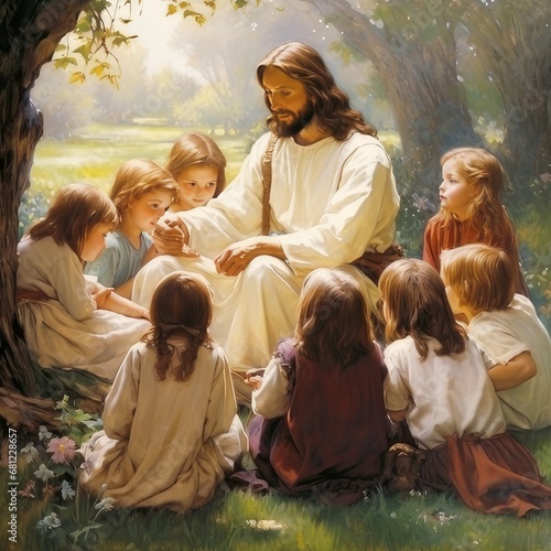 Divine Lessons: Jesus' Teachings Under the Sacred Tree with Children, generative AI