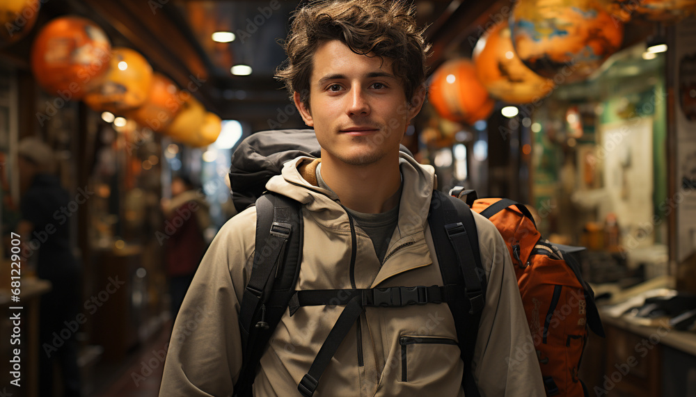 Young man with backpack looking confidently at the camera outdoors generated by AI