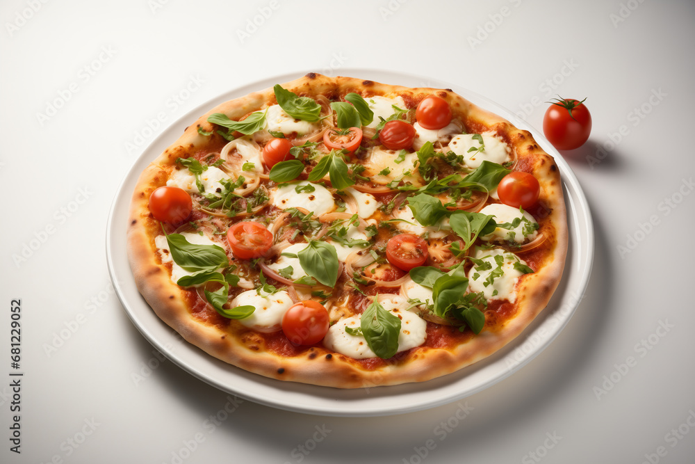 Pizza italiana su sfondo bianco con pomodori mozzarella e basilico freschi Pizza italiana su sfondo bianco con pomodori mozzarella e basilico freschi