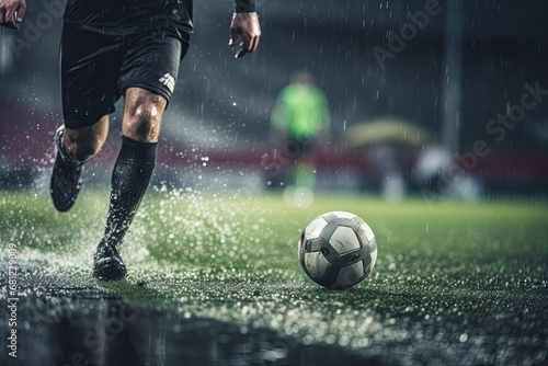 Soccer kicking a ball, splashing water on a wet field. © Sebastian Studio
