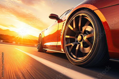 Car’s silver wheel in motion on a highway during a beautiful sunset.