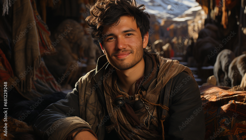 Fototapeta premium A young man smiling, looking at camera, enjoying winter adventure generated by AI