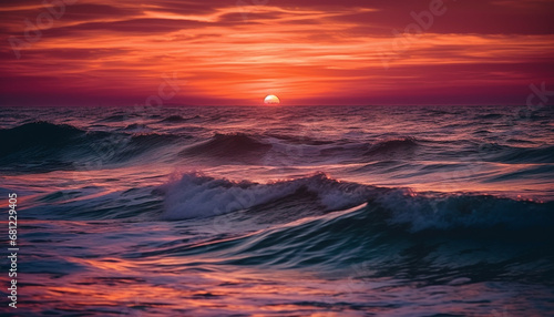 Sunset over the water, nature beauty reflected in tranquil seascape generated by AI