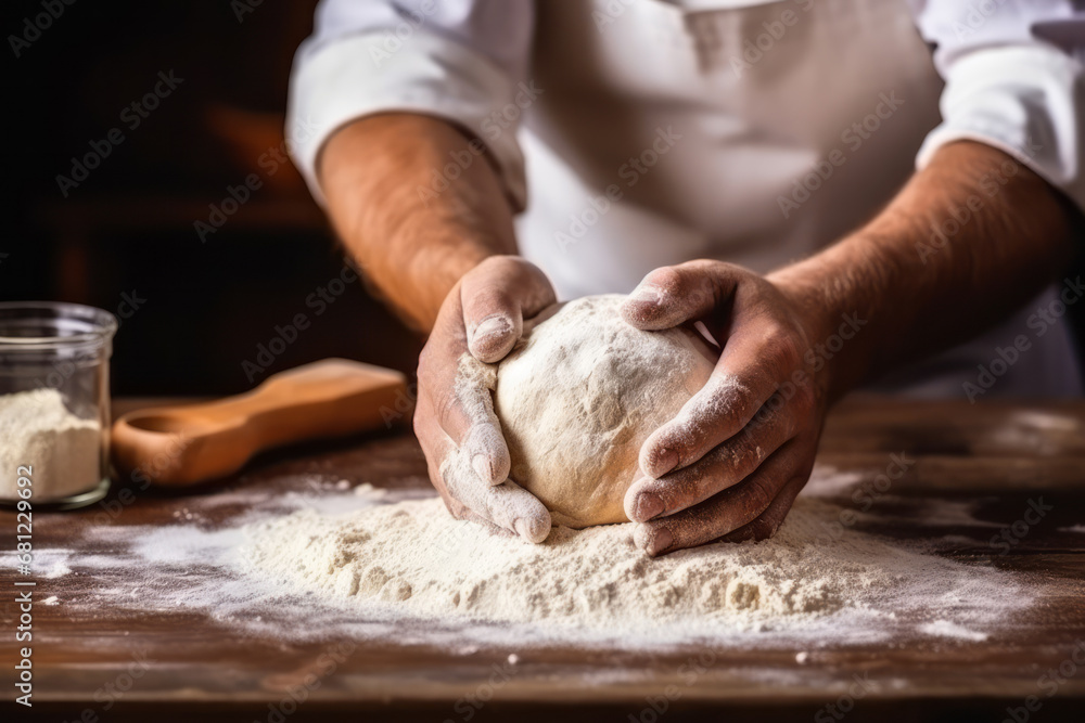 A bakery chef kneading dough at a kitchen wooden table makes delicious bread every day for customers who love it. Flour becomes dough on a wood table. Concept suitable for handmade meals and breakfast