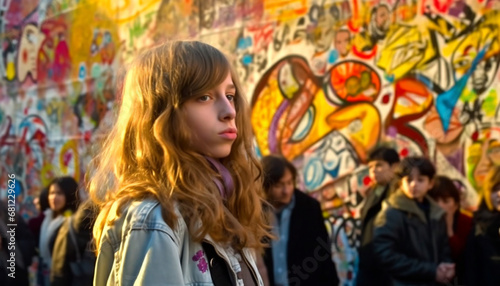 Young adults smiling in a multi colored city street graffiti scene generated by AI