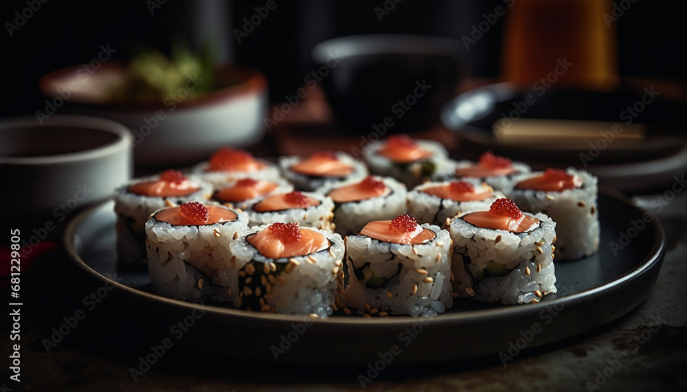 Freshness of seafood on a plate, a gourmet meal for lunch generated by AI Freshness of seafood on a plate, a gourmet meal for lunch generated by AI