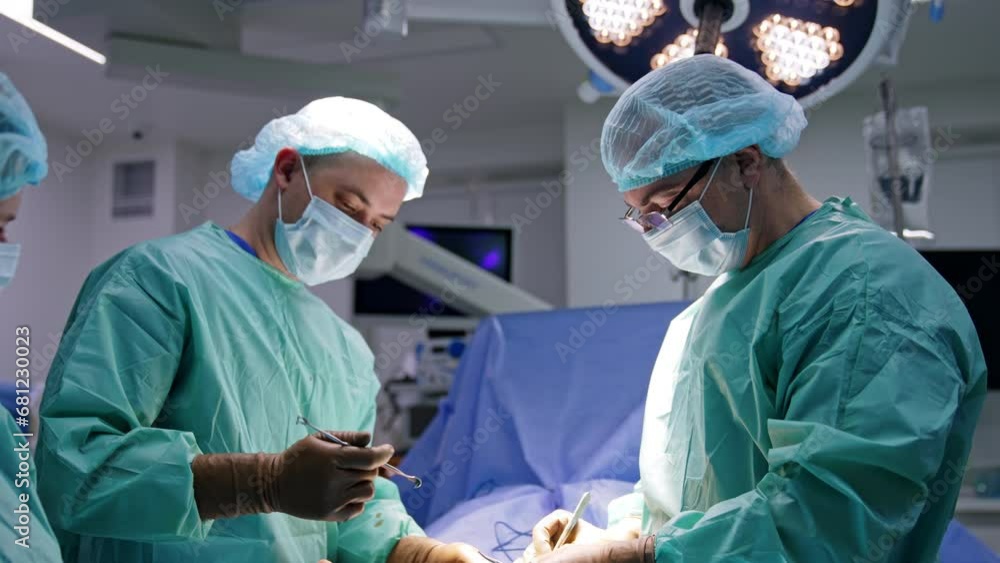 Surgeons treating trauma by the operational means. Two doctors use
