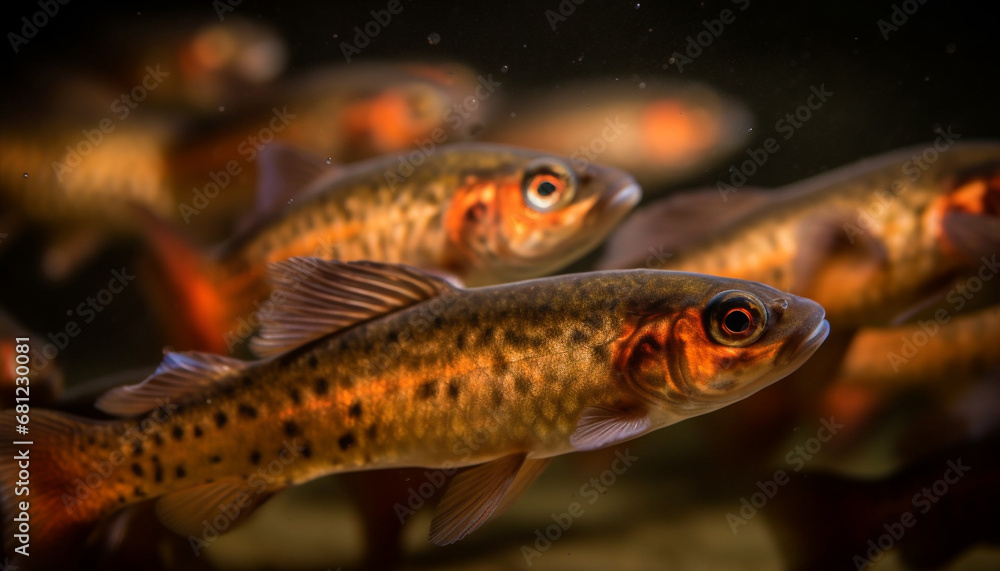 A school of colorful fish swim in a freshwater pond generated by AI
