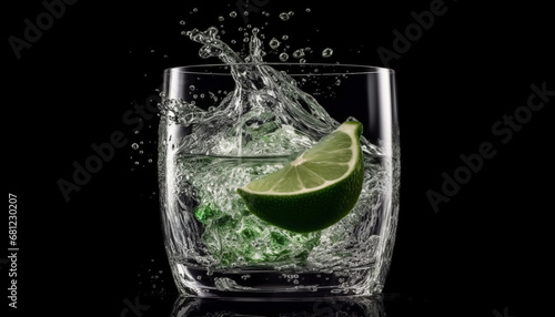 A refreshing drink with lime, bubbles, and a splash of water generated by AI