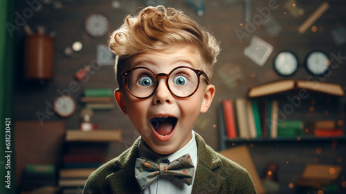 portrait of cute boy in eyeglasses looking at camera photo