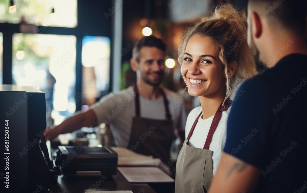 Happy person, waitress or employee in small business restaurant helping client at checkout Happy person, waitress or employee in small business restaurant helping client at checkout