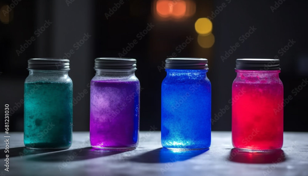 Blue, multi colored liquid in glass bottle creates vibrant abstract decoration generated by AI Blue, multi colored liquid in glass bottle creates vibrant abstract decoration generated by AI