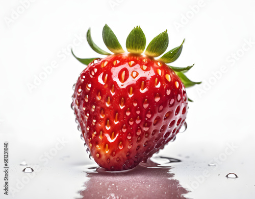 Fresh Single Strawberry with Dew Drops on Surface and Reflection on White Background - Detailed Close-up for Culinary and Nutritional Concepts 
