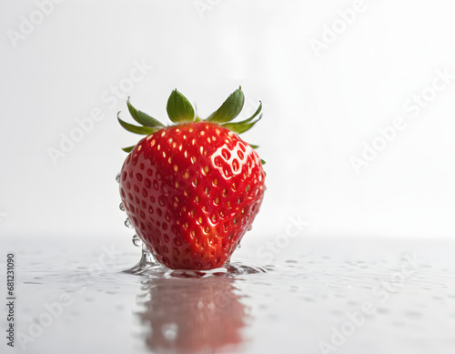 Fresh Single Strawberry with Dew Drops on Surface and Reflection on White Background - Detailed Close-up for Culinary and Nutritional Concepts