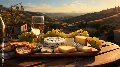 Cheese platter with wine and grapes on vineyard in Tuscany, Italy
