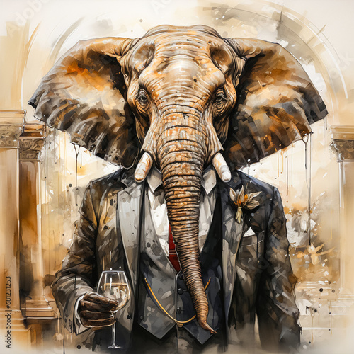  watercolor illustration of an elephant in a business suit