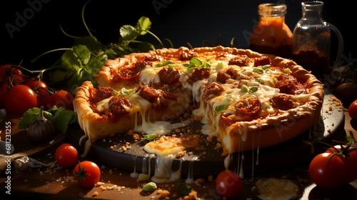 Pizza with mozzarella cheese and tomato on black background 