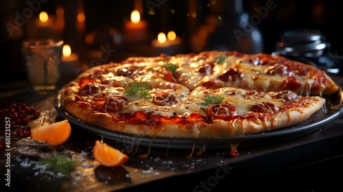 Pizza with mozzarella cheese and tomatoes on a black background