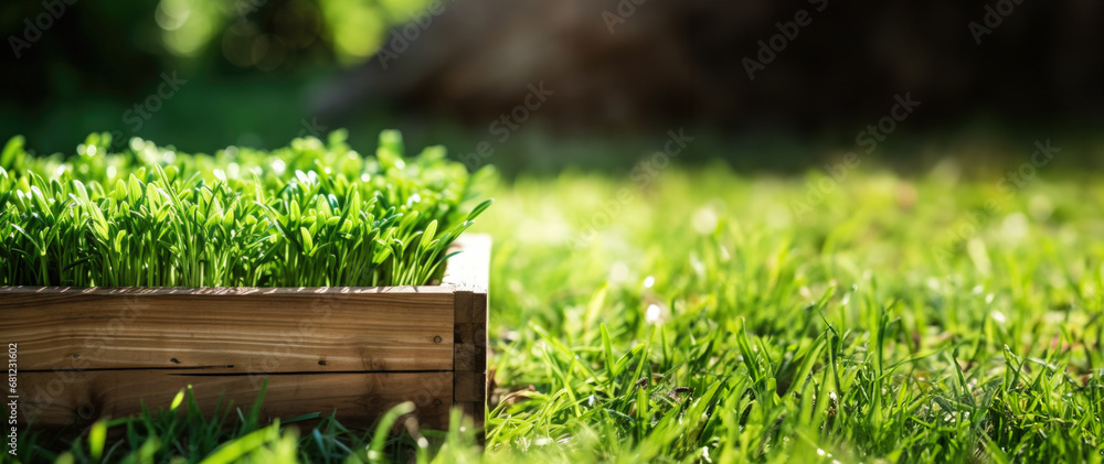 Wooden Elegance in Bloom: Delicate elegance unfolds in the close-up shot of a wooden box adorned with blossoming green grass, capturing the essence of nature's awakening charm, Banner, place for text. Wooden Elegance in Bloom: Delicate elegance unfolds in the close-up shot of a wooden box adorned with blossoming green grass, capturing the essence of nature's awakening charm, Banner, place for text.