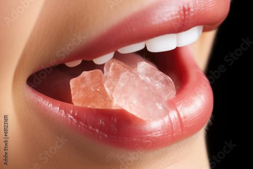 photo close-up of a woman's mouth holding a gelatin candy