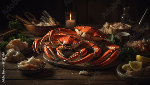 Freshly cooked seafood on a rustic wooden plate, a gourmet delight generated by AI