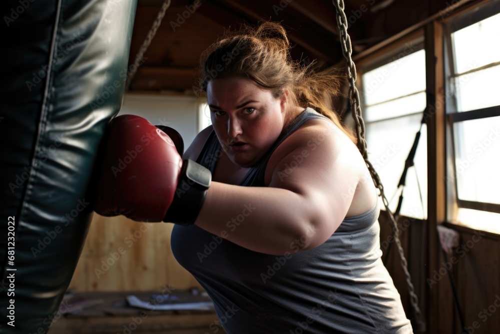 Weight Loss Empowerment: Compelling image depicting the empowering journey of an overweight woman as she dedicates herself to training on a punching bag, working towards shedding unwanted weight