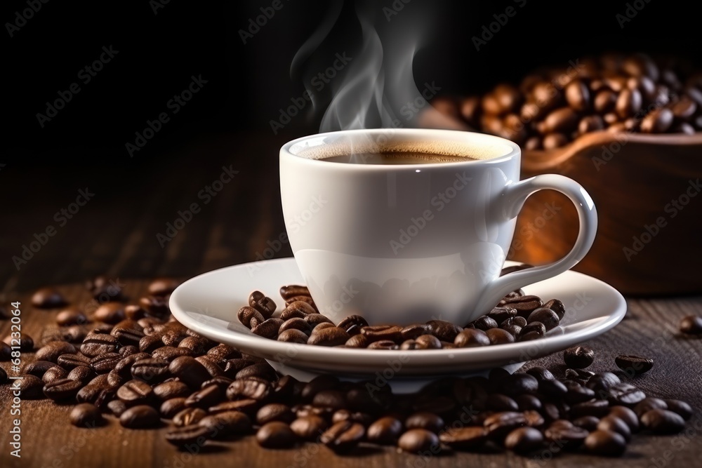 cup of hot freshly prepared coffee and grains cup of hot freshly prepared coffee and grains