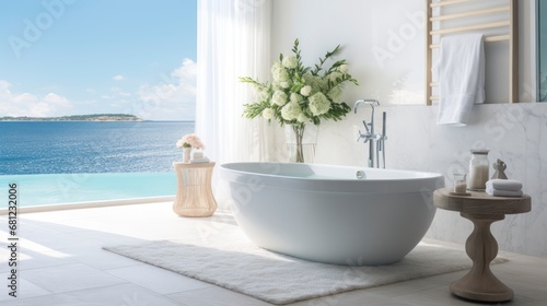 Oceanic Opulence - Indulge in a Lavish Bathroom Experience with Uninterrupted Views of Serene Seas. Generative AI