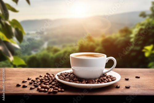 a cup of coffee on the table against a background of a tropical landscape