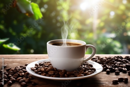a cup of coffee on the table against a background of a tropical landscape
