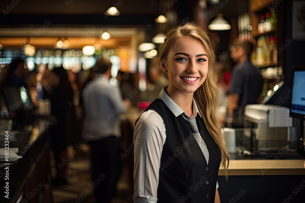 Fototapeta premium Smiling Saleswoman and Cashier Assisting Happy Customers
