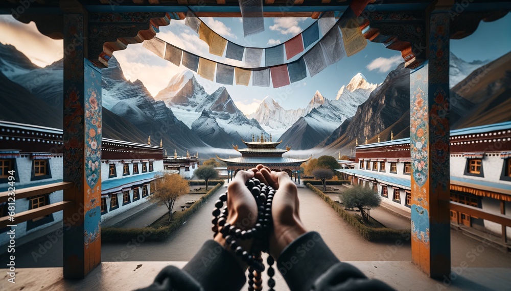 Serenity Amidst the Peaks: Prayer Beads and Himalayan Views - obrazy, fototapety, plakaty 