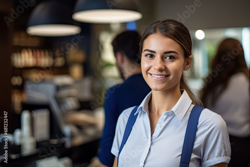 Smiling Saleswoman and Cashier Assisting Happy Customers photo