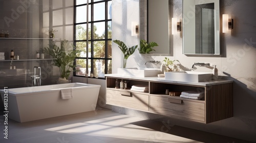 The Chic Convenience of Dual Sinks in a Modern Bathroom Setting. Generative AI