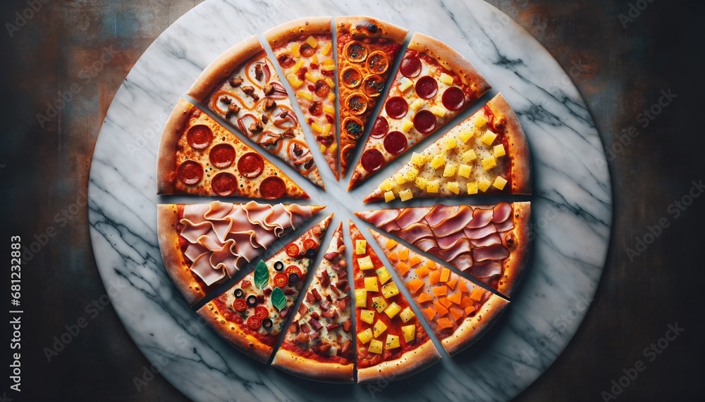 Delicious Pizza Variety: Multi-Topping Pie Sliced into Tempting Portions